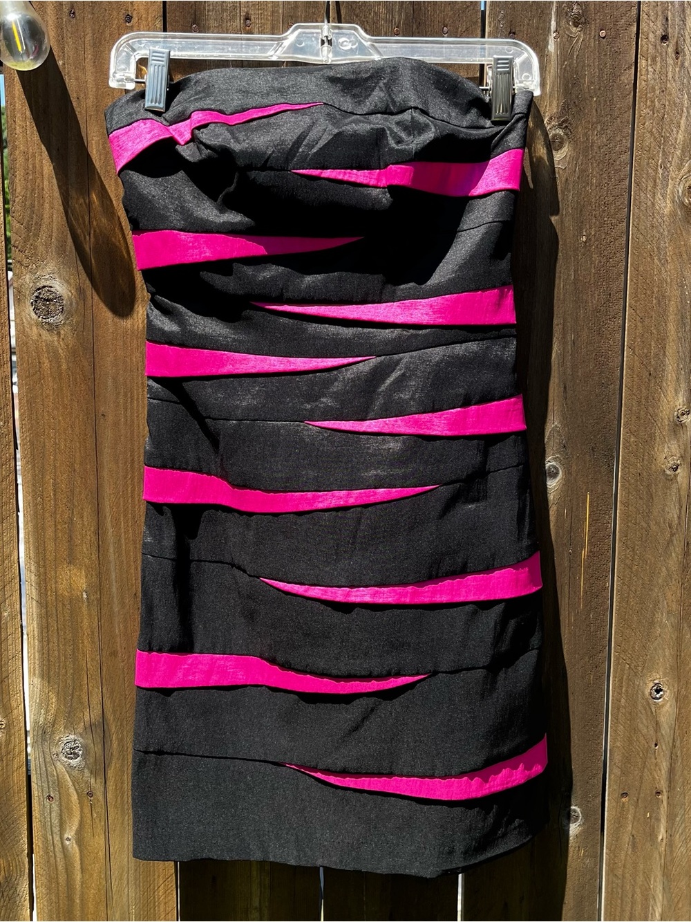 Jessica McClintock Strapless Black Mini Dress with Hot Pink Stripes !